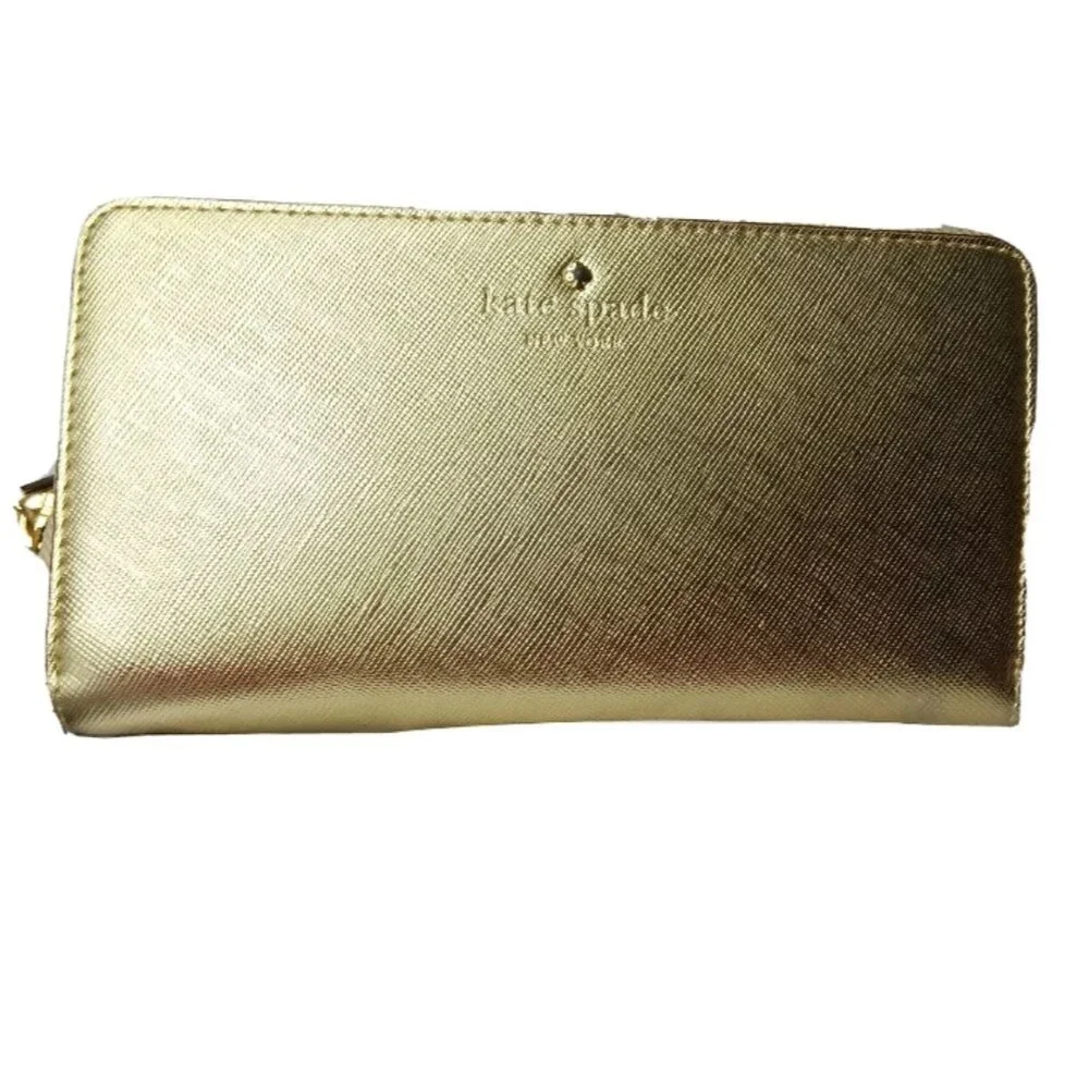 Kate Spade Large Zip Around Wallet Gold Saffiano Leather Retail $195